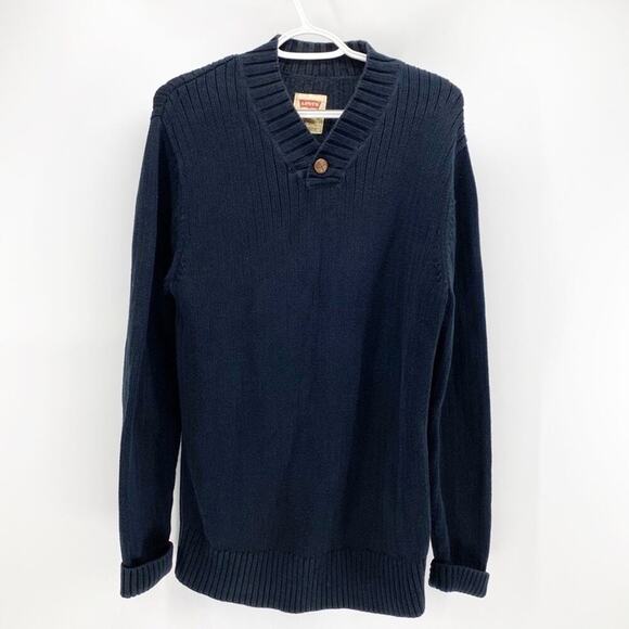 Levi’s black ribbed v neck elbow patch brown button accent sweater 100% cotton - Picture 1 of 8
